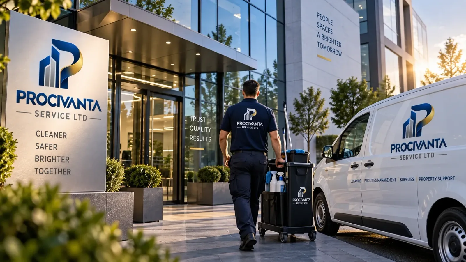 Illustrative image: facilities operative with a trolley of cleaning supplies approaching the entrance of a modern office building