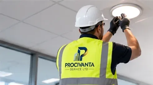 Illustrative image: maintenance operative in a hi-vis vest checking a ceiling light fitting